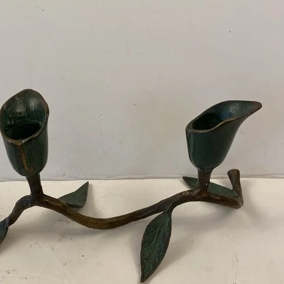 Vintage Candlestick holder trio calla lily Art Nouveau leaves green - Picture 3 of 7